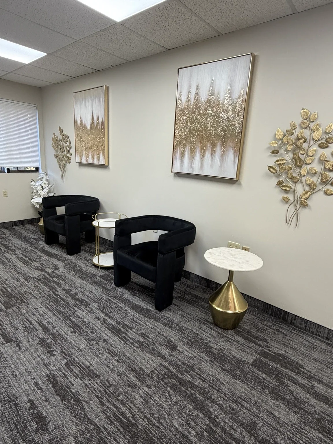 Client waiting area at The Wax Lab in Meriden, Connecticut
